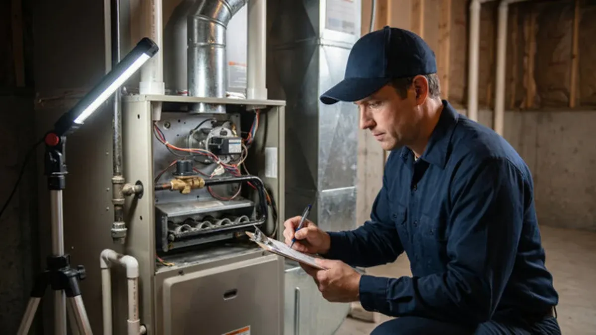 HVAC technician inspecting a residential furnace during maintenance