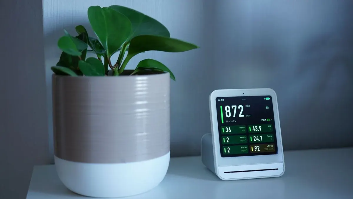 Indoor air-quality monitor displaying readings beside a houseplant